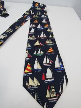 Alynn Neckwear Name that Boat Navy Blue Tie Necktie 100% SIlk Nautical Sea